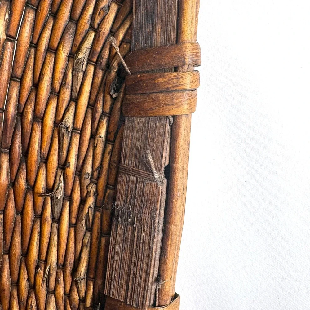 Vintage Chinese Woven Willow Basket Brown Woven Handles Wabi-Sabi